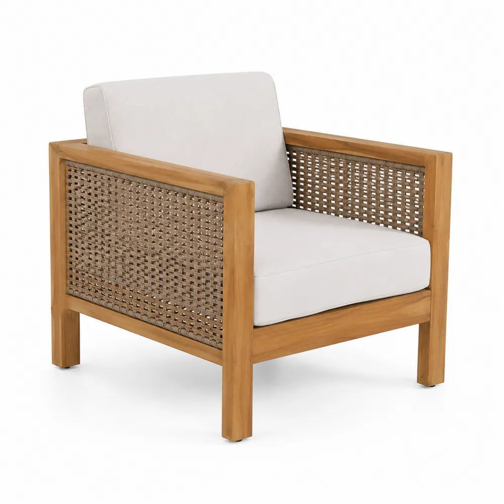 Fauteuil en bois et rotin avec coussins en polyester