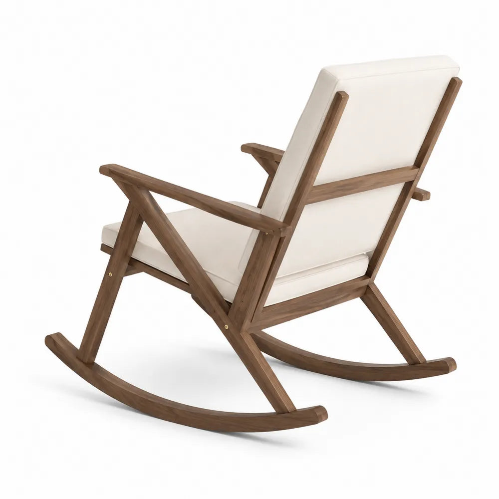 Chaise berçante en bois avec coussin beige