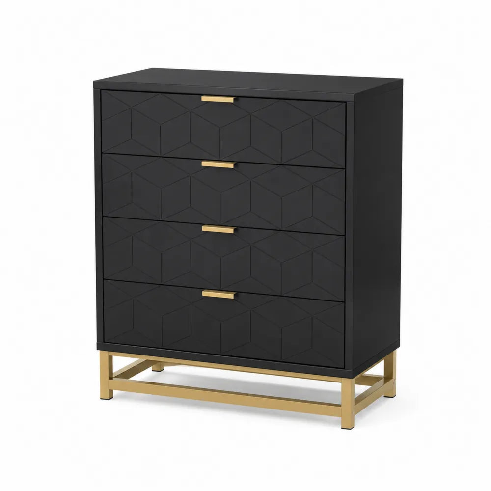 Commode noire à 4 tiroirs avec structure en métal doré