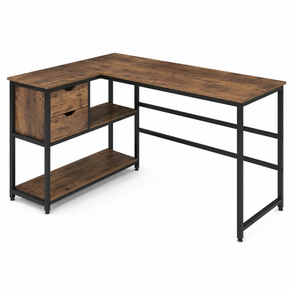 Bureau d'angle en bois et métal avec étagères et tiroirs