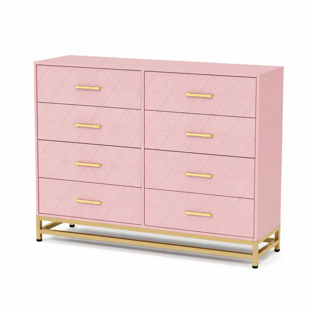 Commode en MDF avec 8 tiroirs Rose et Poignées Métalliques Dorées