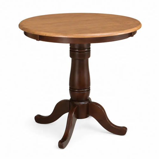 Table ronde en bois brun avec plateau en chêne