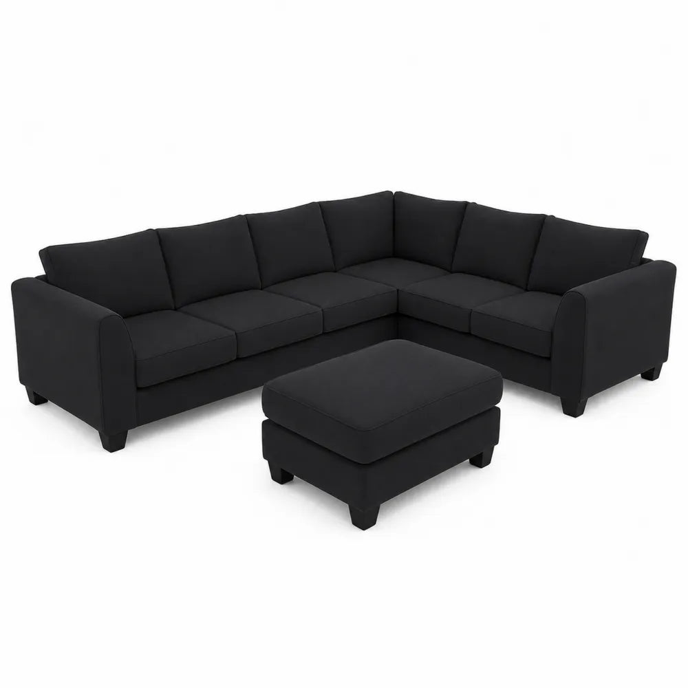 Canapé d'angle en tissu polyester noir avec pouf