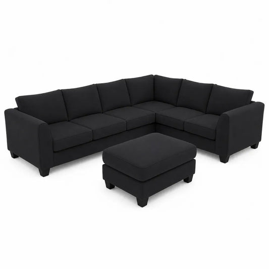 Canapé d'angle en tissu polyester noir avec pouf