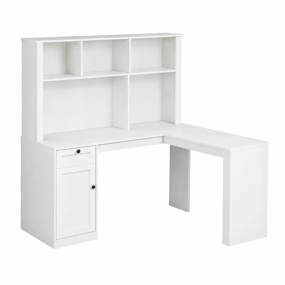 Bureau d'angle en bois avec étagères et rangement - Blanc