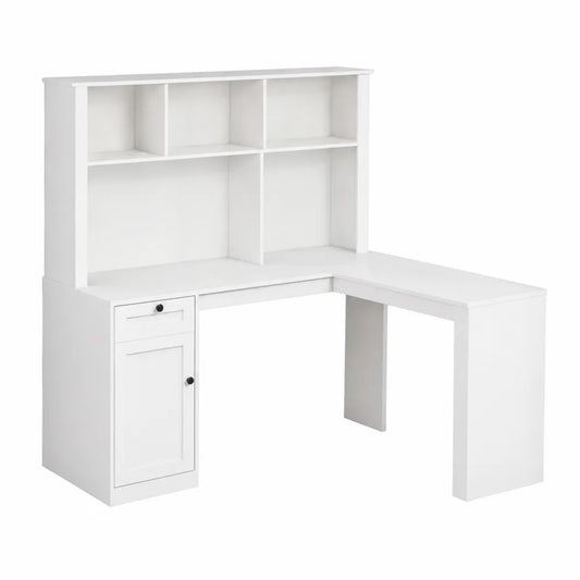 Bureau d'angle en bois avec étagères et rangement - Blanc