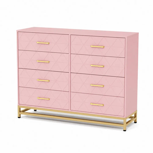 Commode en MDF avec 8 tiroirs Rose et Poignées Métalliques Dorées