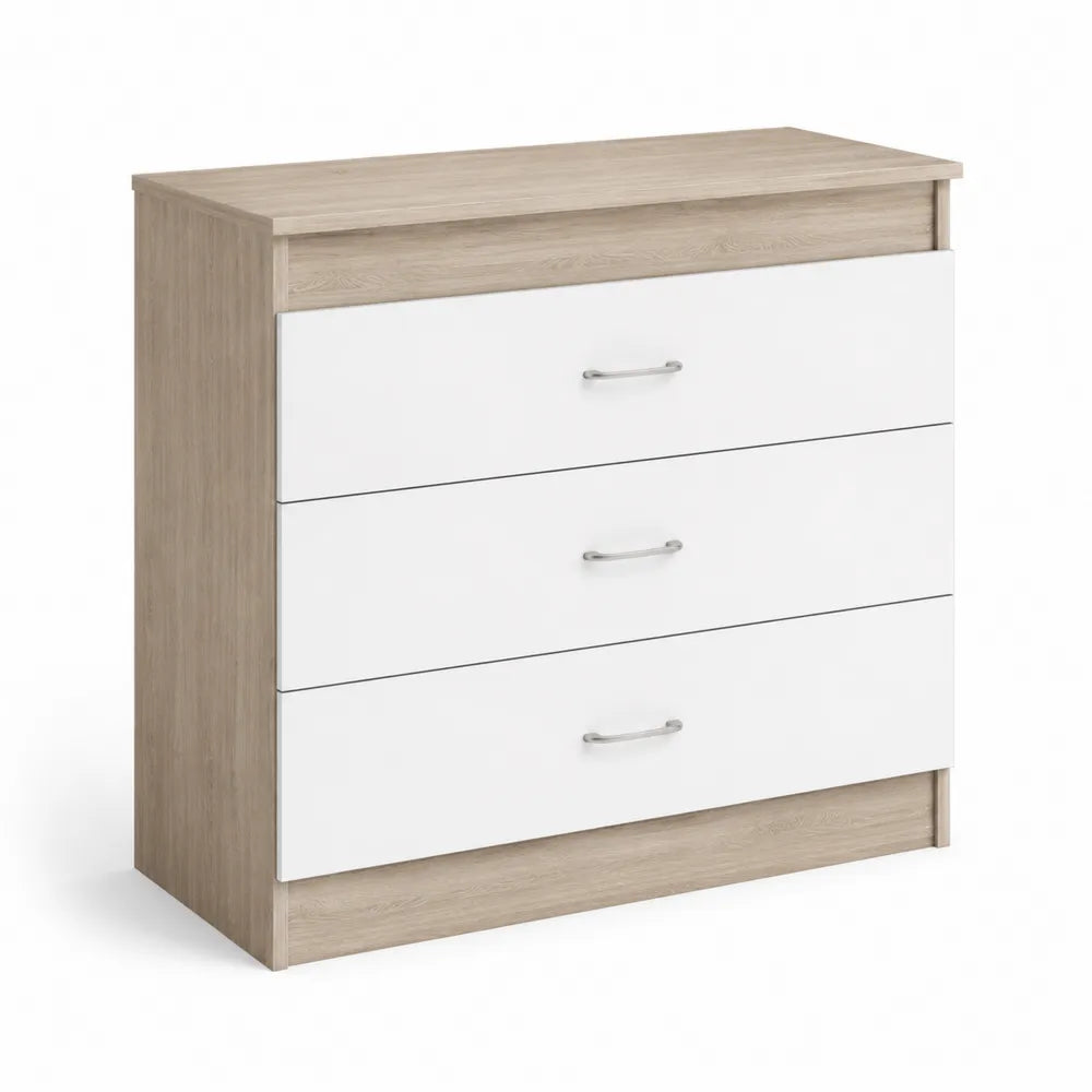 Commode en Bois et Métal 3 Tiroirs Chêne et Blanc
