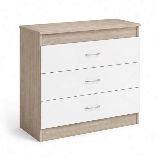 Commode en Bois et Métal 3 Tiroirs Chêne et Blanc